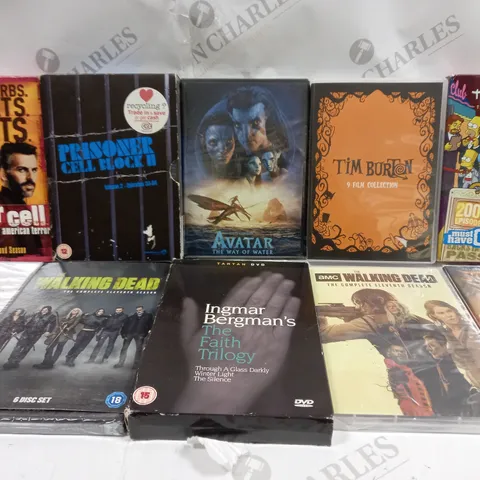 BOX OF APPROX 20 ASSORTED DVDS TO INCLUDE AVATAR THE WAY OF WATER, THE SIMPSONS NINTH SEASON, THE WALKING DEAD ELEVENTH SEASON, ETC