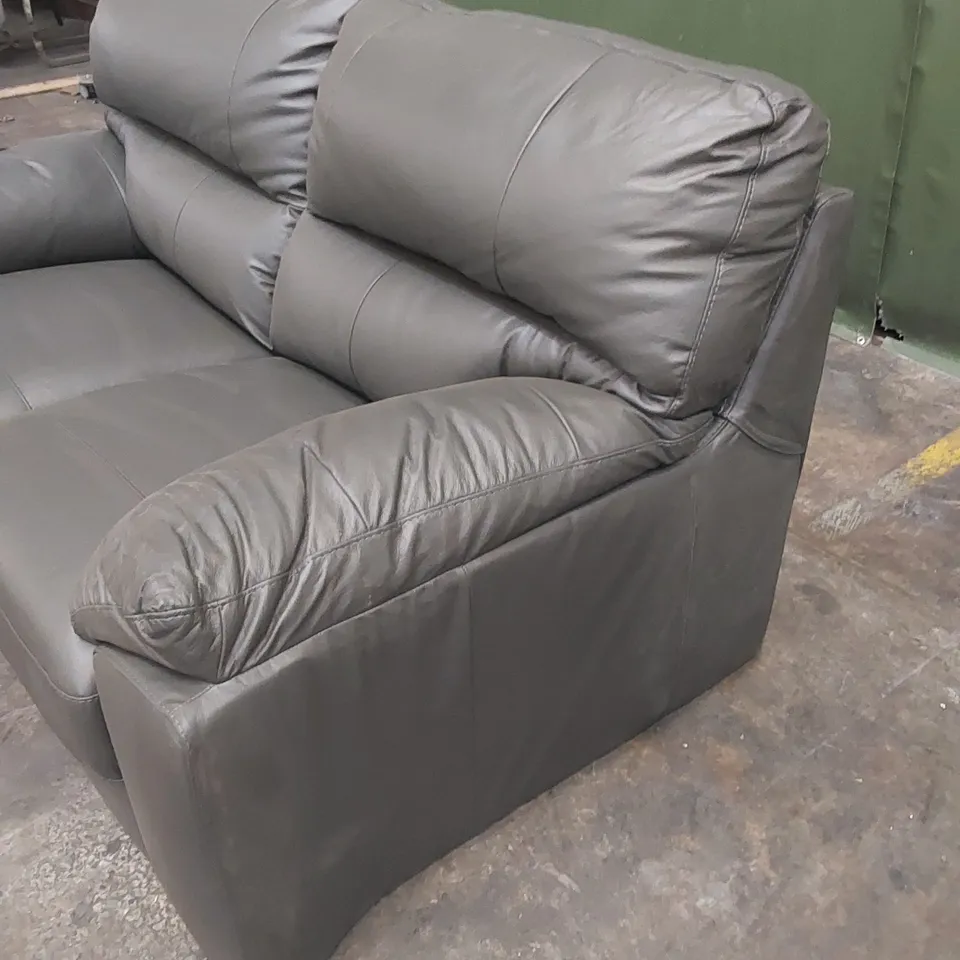 DESIGNER 2 SEATER FAUX GREY LEATHER UPHOLSTERED SOFA