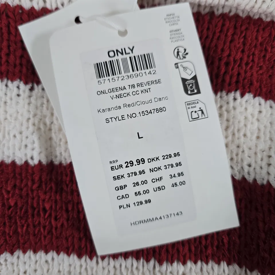 ONLY STRIPED KNIT JUMPER – RED & WHITE - SIZE L 