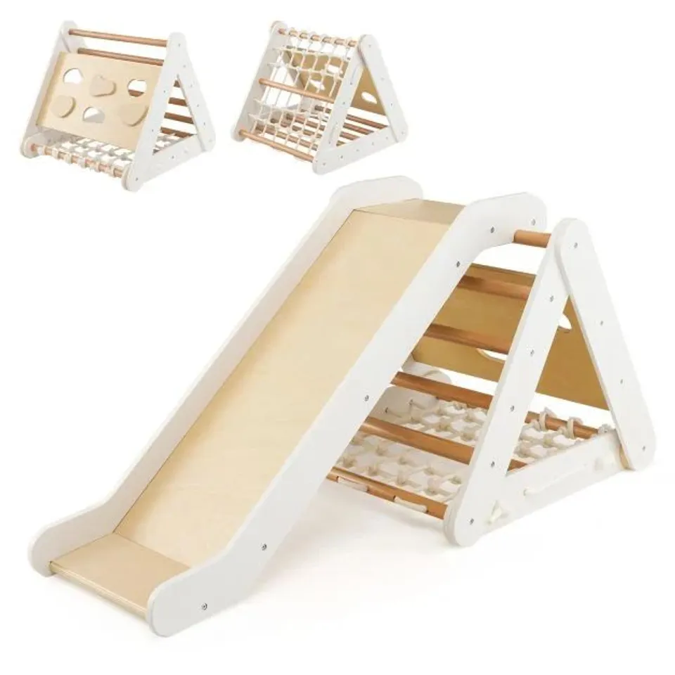 BOXED COSTWAY 4 IN 1 BEIGE WOODEN TRIANGLE TODDLER CLIMBER WITH RAMP