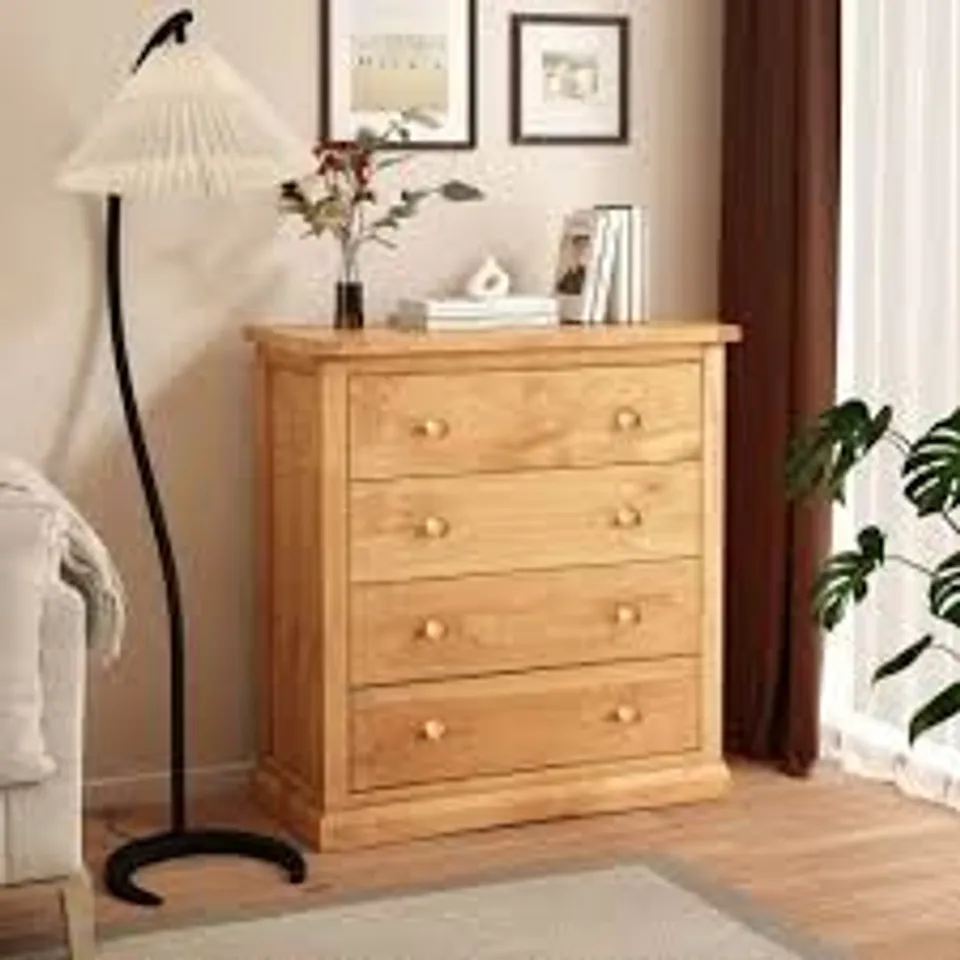 BOXED LUCCA 4 DRAWER ANTIQUE WAX FINISH CHEST OF DRAWERS WITH WOOD KNOBS