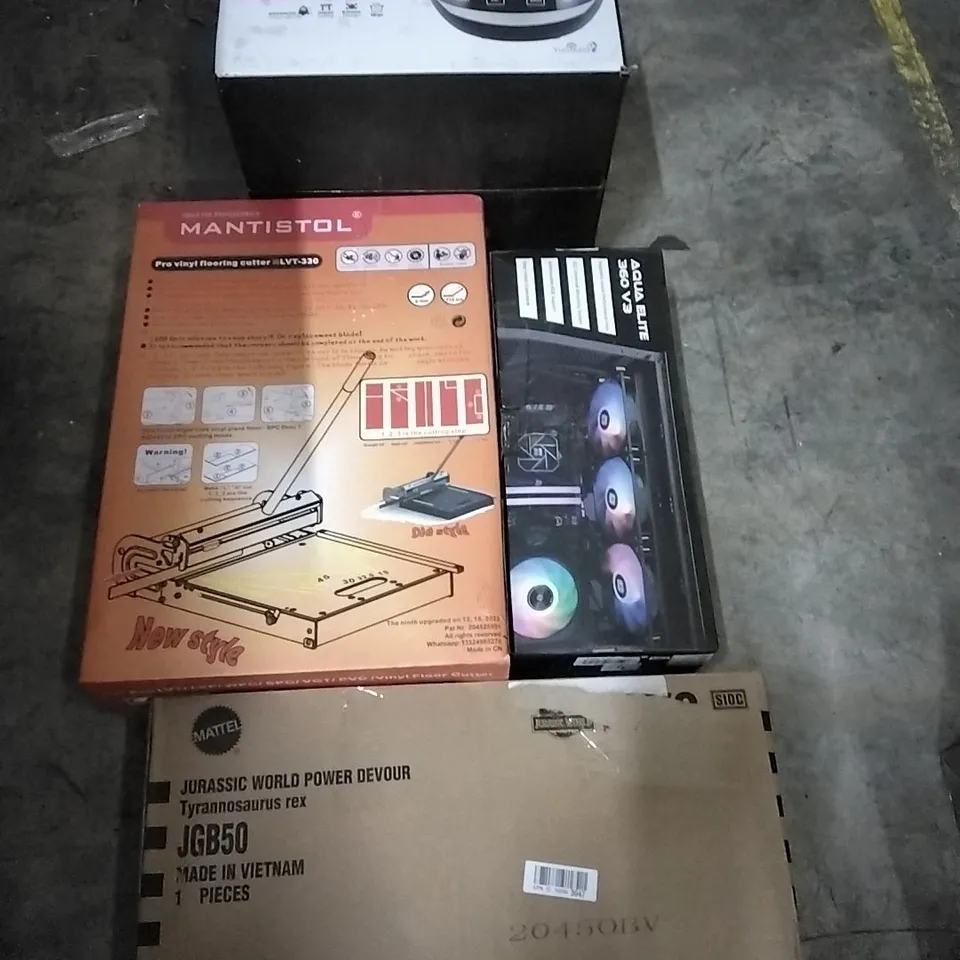 PALLET OF HOUSEHOLD ITEMS TO INCLUDE SAKURA RICE COOKER, PRO VINYL FLOORING CUTTER, AQUA ELITE 360 V3, jurassic world power devour and other assorted items...
