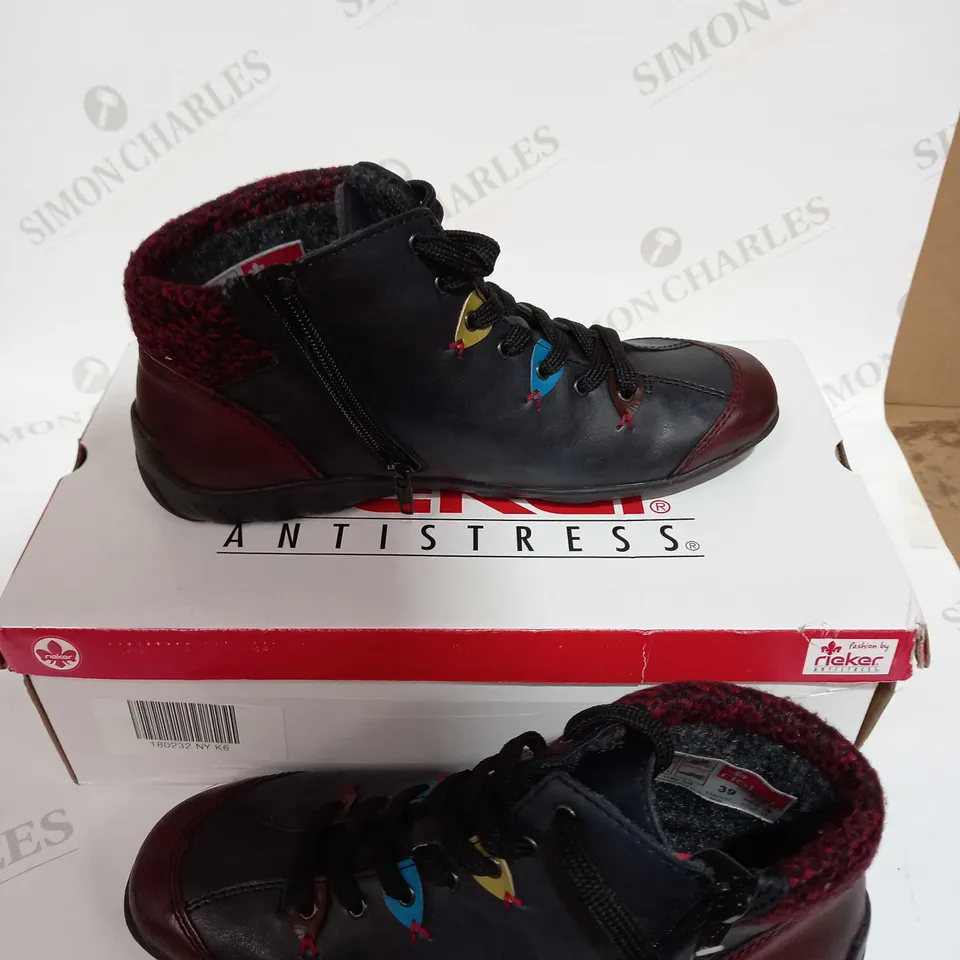 RIEKER LACE ANKLE BOOTS NAVY - SIZE 6