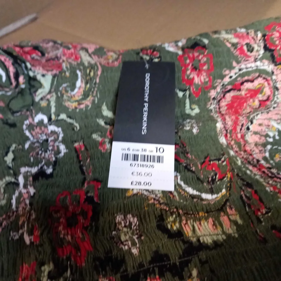 DOROTHY PERKINS KHAKI/FLORAL OFF SHOULDER MIDI SHOULDER - SIZE 10