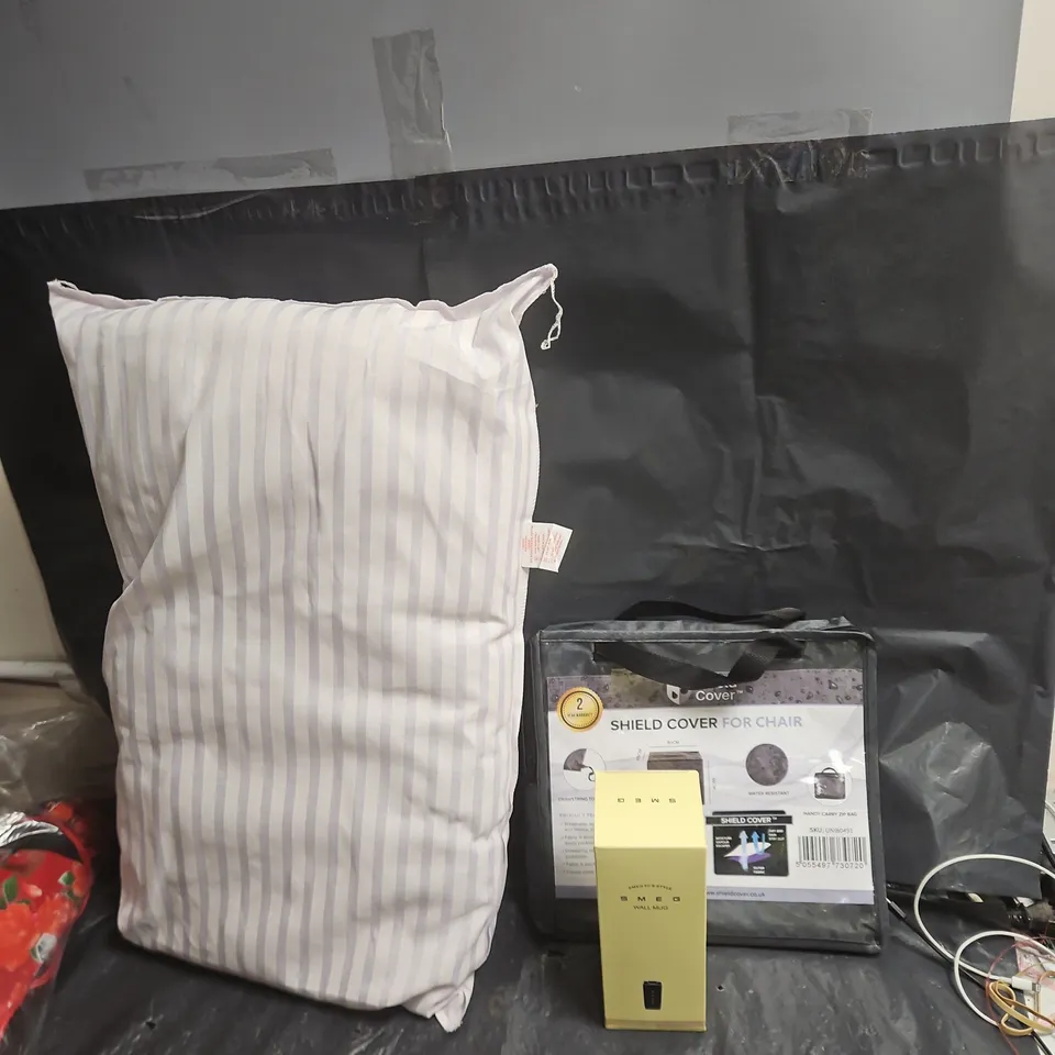 SHIELD COVER FOR CHAIR – 2 PACK WITH CUSHION & SOFT FURNISHINGS (BOXED) AND A LARGE QUANTITY OF HOUSEHOLD GOODS ASSORTED LOT .