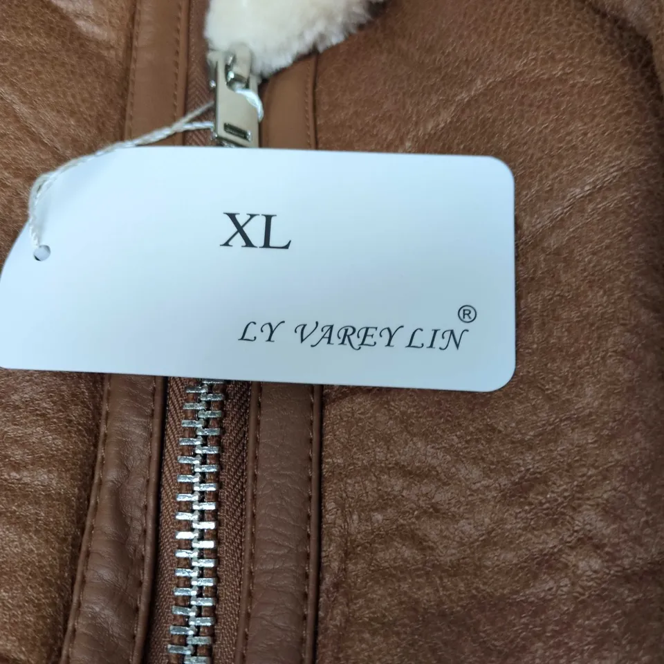 BROWN SHEARLING-LINED BOMBER JACKET BY LY VAREY LIN– XL