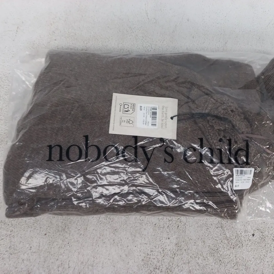 BAGGED NOBODY'S CHILD CROCHET TRIM V-NECK CARDIGAN IN BROWN SIZE UK MEDIUM