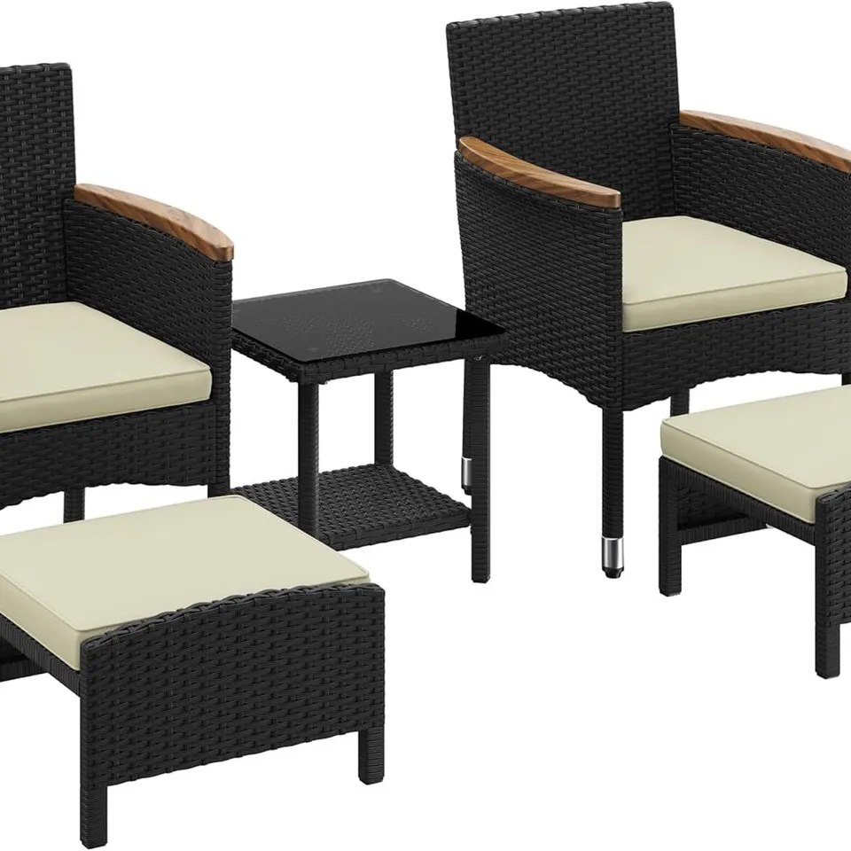 BOXED YAHEETECH 5 PIECE PATIO CONVERSATION SET, OUTDOOR WICKER BISTRO FURNITURE - BLACK/BEIGE