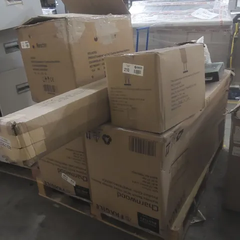 PALLET CONTAINING A LARGE QUANTITY OF ASSORTED ITEMS INCLUDING: CHARLES BENTLEY CHARNWOOD STORAGE HALLWAY BENCHES, MONSTER COMBO HEAT PRESS MACHINE ECT