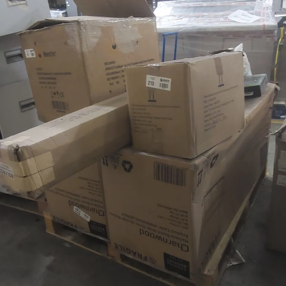 PALLET CONTAINING A LARGE QUANTITY OF ASSORTED ITEMS INCLUDING: CHARLES BENTLEY CHARNWOOD STORAGE HALLWAY BENCHES, MONSTER COMBO HEAT PRESS MACHINE ECT