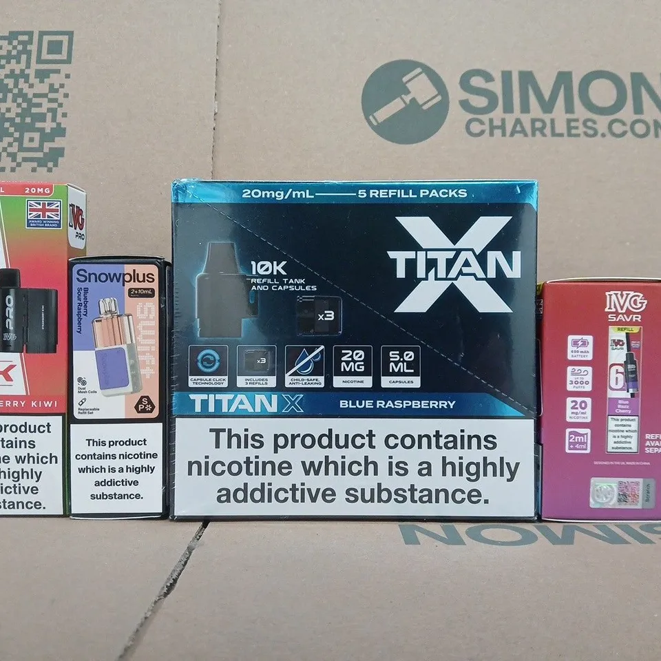 APPROXIMATELY 20 ASSORTED E-CIG AND VAPING PRODUCTS TO INCLUDE TITAN, IVG, SNOWPLUS, ETC