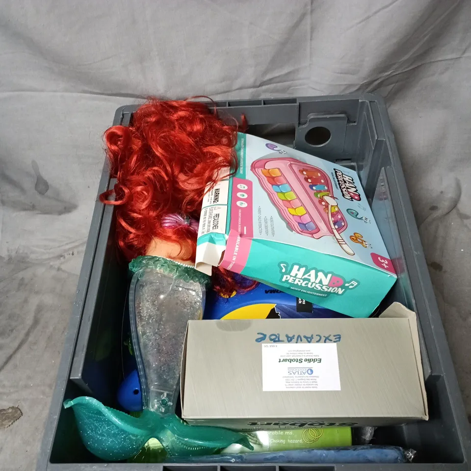 APPROXIMATELY 10 ASSORTED TOYS AND GAMES INCLUDING MERMAID DOLL, WORLD OF STOBART DOZER MODEL AND HAND PERCUSSION KIT