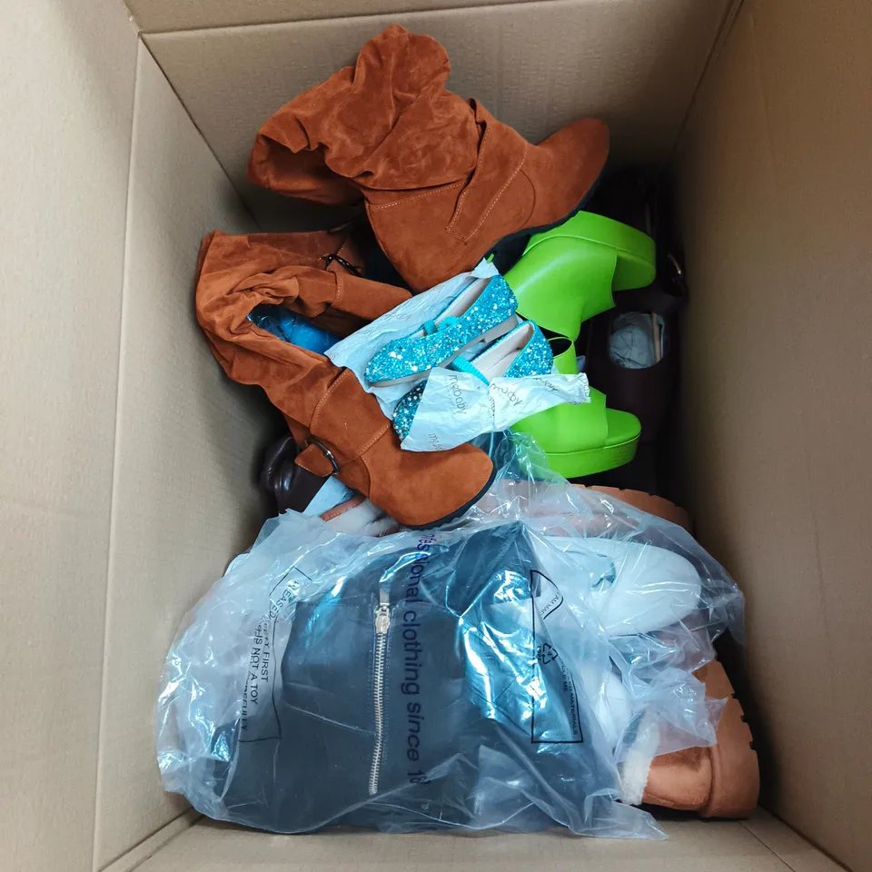 BOX OF APPROXIMATELY 15 ASSORTED FOOTWEAR ITEMS OF VARIOUS STYLES, SIZES AND COLOURS