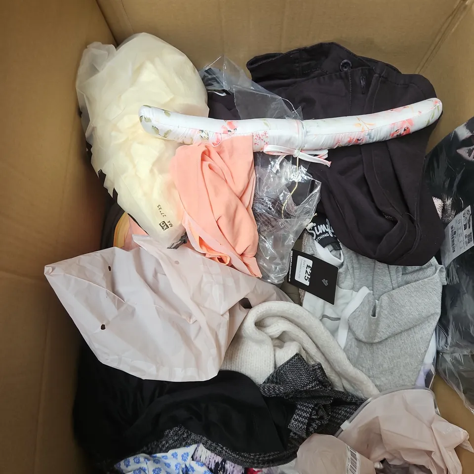 BOX OF APPROXIMATELY 20 ASSORTED CLOTHING ITEMS TO INCLUDE WRAP, TROUSERS, SKIRT, ETC