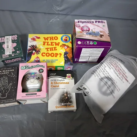 TOTE OF ASSORTED TOYS AND ACCESSORIES TO INCLUDE; PALM READING CARDS, WHO FLEW THE COOP AND FLYNOVA PRO