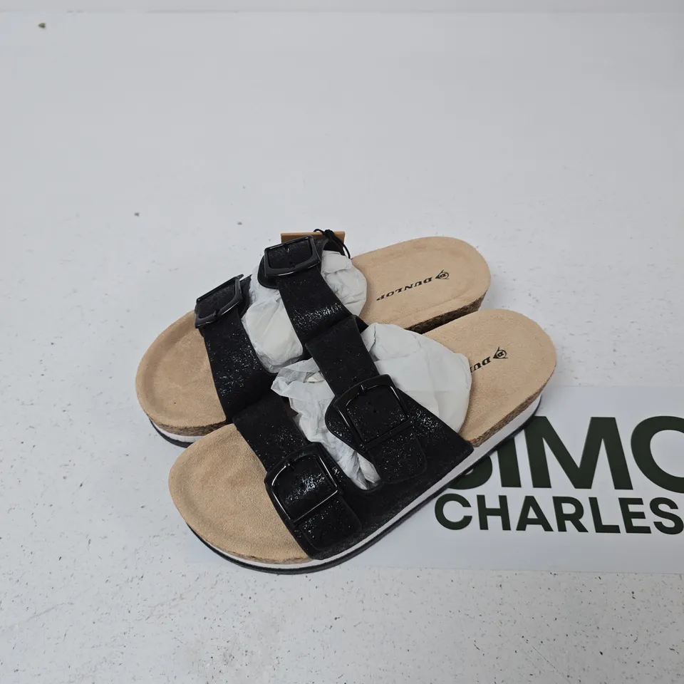 DUNLOP TWO-STRAP SANDALS, BLACK STRAPS, CORK FOOTBED – UK SIZE 3