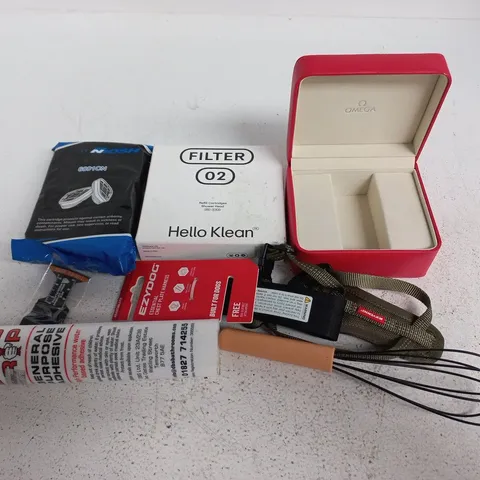 LOT OF APPROXIMATELY 16 ASSORTED HOUSEHOLD ITEMS TO INCLUDE OMEGA WATCH BOX, HELLO KLEAN FILTER AND EZYDOG HARNESS