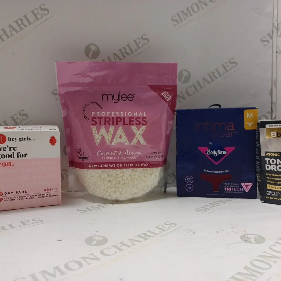 BOX OF APPROX 20 ASSORTED HEALTH AND BEAUTY ITEMS TO INCLUDE - MYLEE PROFESSIONAL STRIPLESS WAX - INTIMA WEAR BODYFORM PERIOD UNDERWEAR - JEROME RUSSELL BBLONDE TONING DROPS IN SHOWER ECT