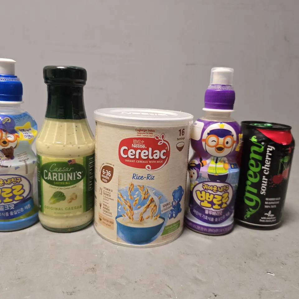 APPROXIMATELY 11 ASSORTED FOOD & DRINK ITEMS TO INCLUDE - CERELAC , GREEN SOUR CHERRY ETC