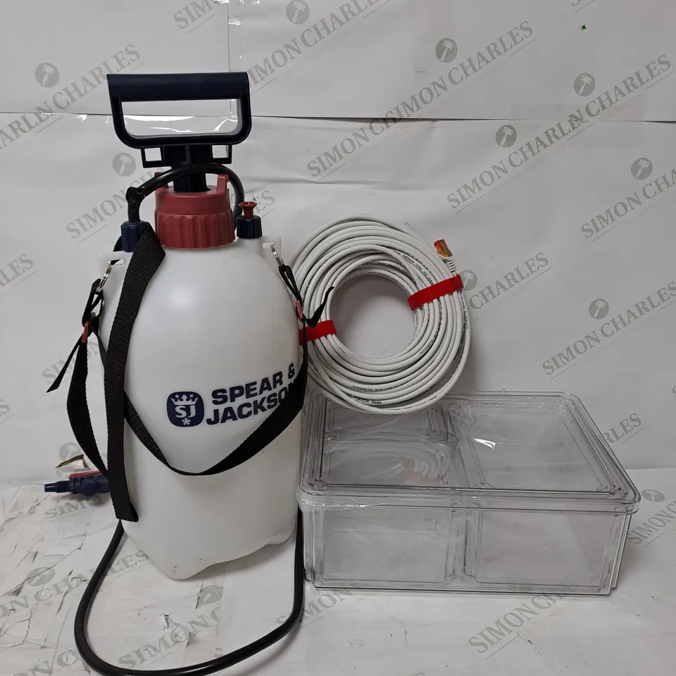 APPROXIMATELY 15 ASSORTED PRODUCTS TO INCLUDE JUICEBITZ CAT6 30M NETWORK CABLE, SPEAR & JACKSON PUMP ACTION PRESSURE SPRAYER, PLASTIC STORAGE DRAWER ORGANISER 