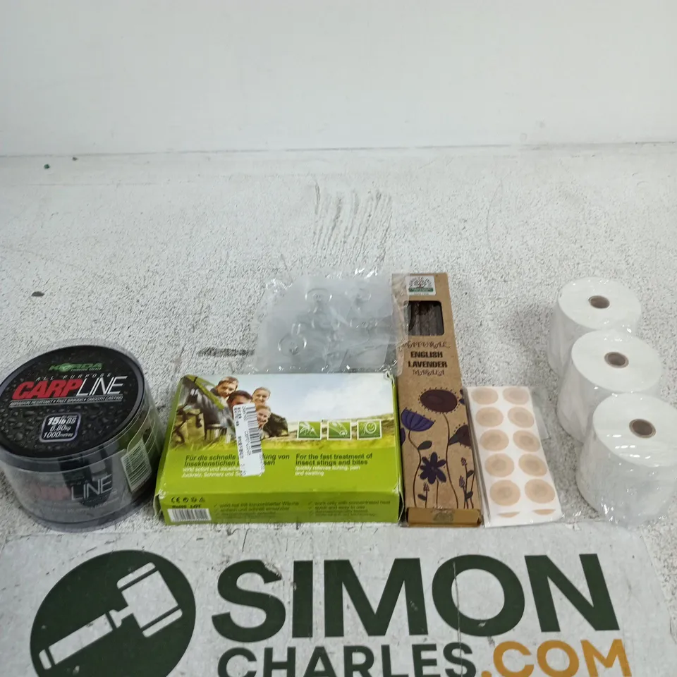 APPROXIMATELY 20 ASSORTED ITEMS INCLUDING TILL PAPER, NATURAL ENGLISH LAVENDAR MASALA INCENSE AND CARP LINE