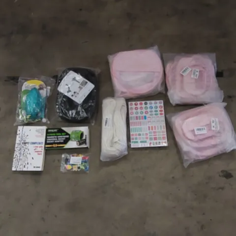 PALLET TO CONTAIN ASSORTED HOUSEHOLD PRODUCTS. INCLUDES PINK MAKE-UP BAGS, BOOK, DOG TOY, ROPE, CABLES ETC
