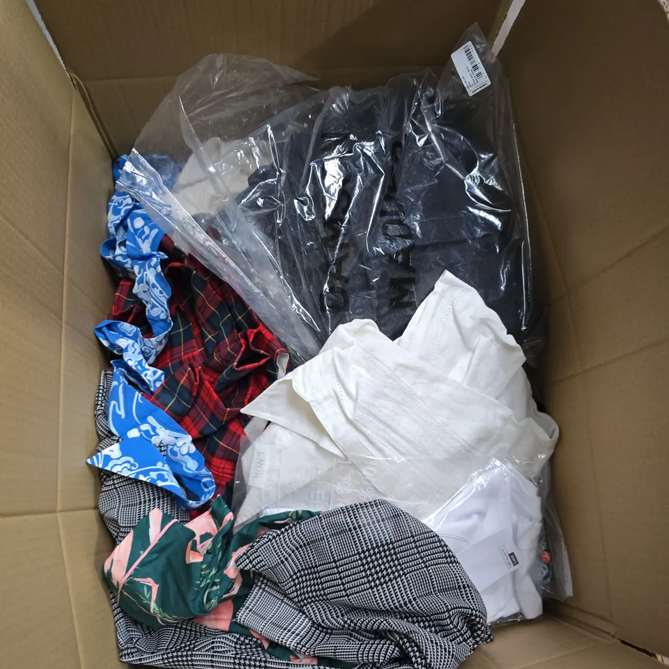 BOX OF APPROXIMATELY 20 ASSORTED CLOTHING ITEMS TO INCLUDE DRESS, TOPS, TROUSERS, ETC
