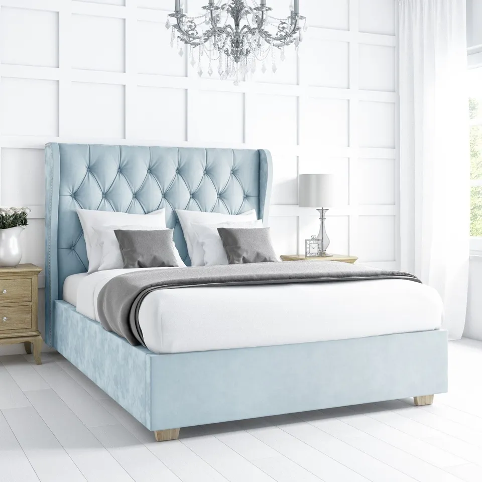 SAFINA VELOUR DOUBLE BUTTONED WINGBACK BED FRAME - DUCK EGG BLUE