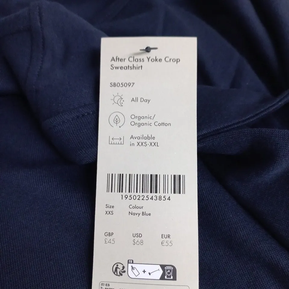 SWEATY BETTY AFTER CLASS YOKE CROP SWEATSHIRT – NAVY BLUE, UK XXS (MANUFACTURER TAG) 