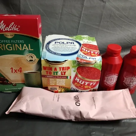 APPROXIMATELY 10 ASSORTED FOOD AND DRINK ITEMS TO INCLUDE GRIND COFFEE, POLPA AND DINO'S FAMOUS SPICY KETCHUP