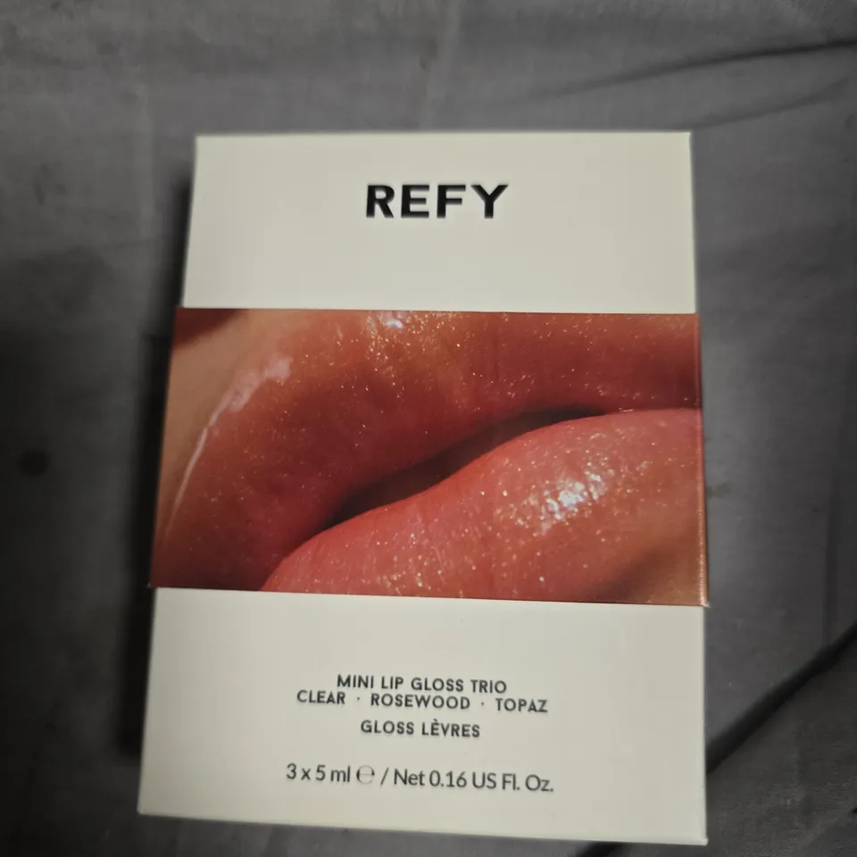 REFY MINI LIP GLOSS TRIO – CLEAR, ROSEWOOD & TOPAZ