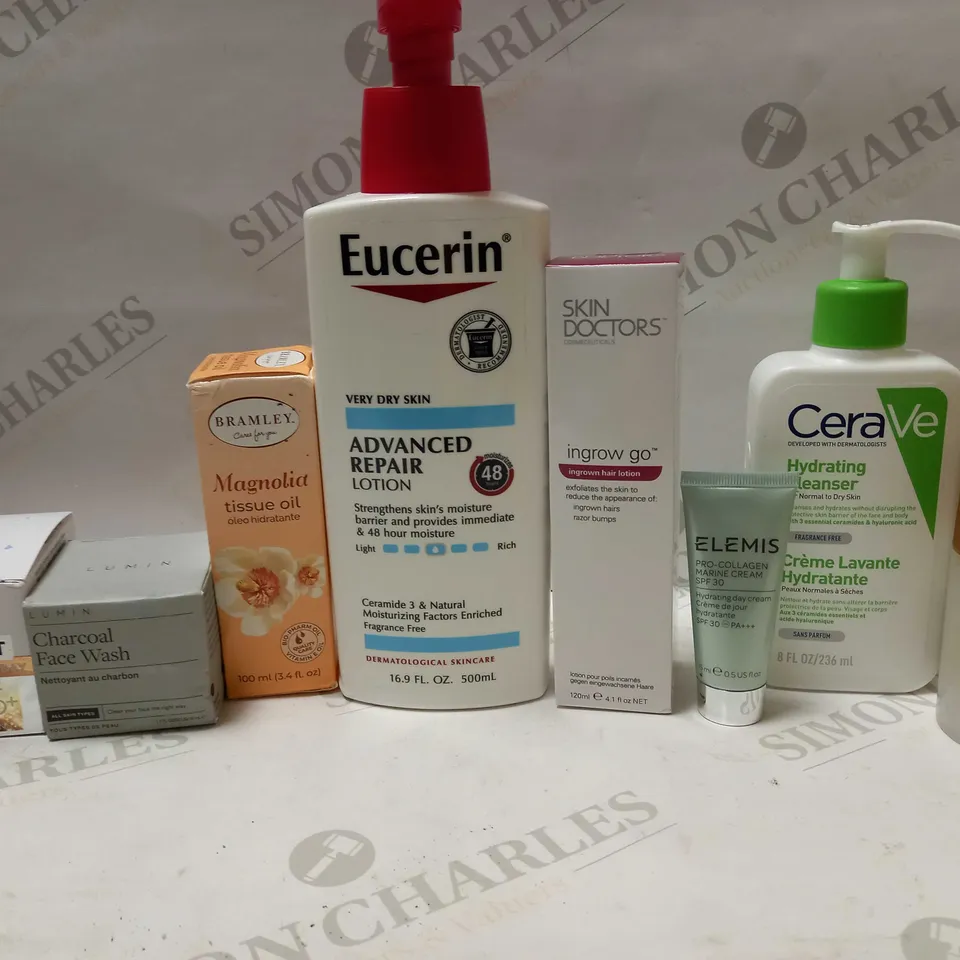 LOT OF APPROX 8 ASSORTED SKINCARE PRODUCTS TO INCLUDE ELEMIS HYDRATING DAY CREAM, INGROWN HAIR LOTION, CHARCOAL FACE WASH, ETC