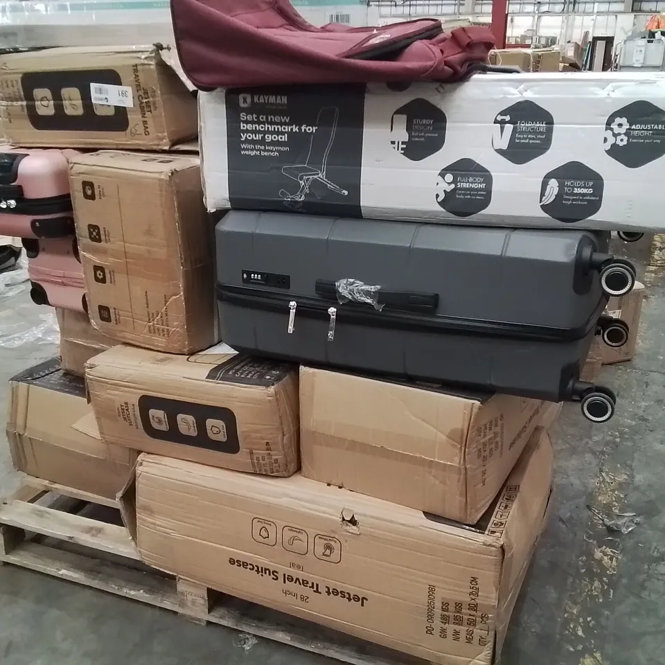 PALLET OF SUITCASES AND OTHER HOUSEHOLD GOODS TO INCLUDE;GYM BENCH,LEAF BLOWER,RETRACTABLE SAFETY GATE