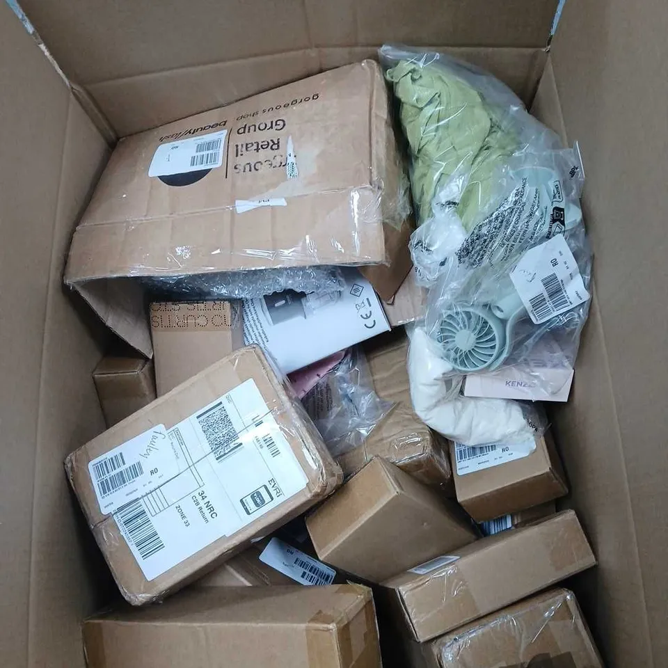 BOX OF APPROXIMATELY 25 ASSORTED ITEMS TO INCLUDE CLOTHING, FANS, KENZI BODY AND FACE SHAVER ETC
