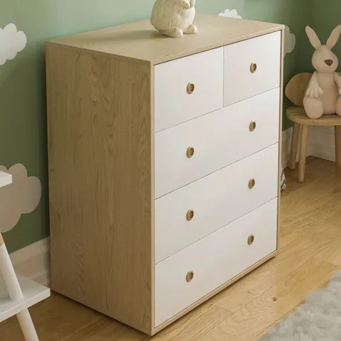 BOXED KAYSHIA 5 DRAWER CHEST - WHITE & OAK (1 BOX)