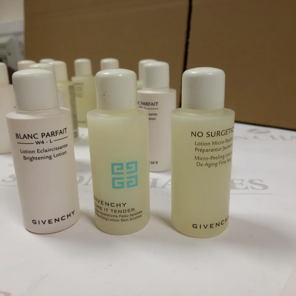 LOT OF APPROX 13 GIVENCHY PRODUCTS TO INCLUDE: BLANC PARFAIT BRIGHTENING LOTION, TONE IT TENDER, NO SURGETICS
