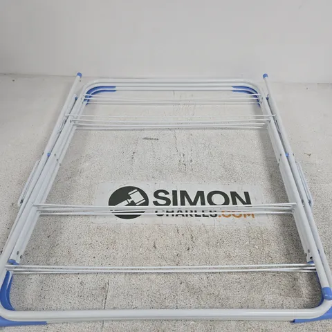 CLOTHES AIRER / DRYING RACK, WHITE METAL WITH BLUE ENDS