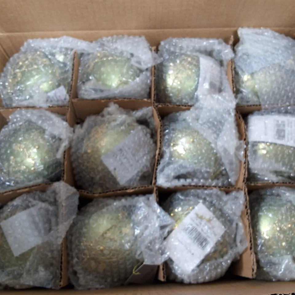 SET OF 12 GISELA GRAHAM DECORATIVE GREEN AND GOLD BAUBLES