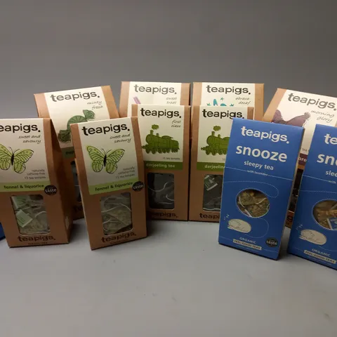 APPROXIMATELY 12 ASSORTED TEAPIGS PRODUCTS TO INCLUDE DARJEELING TEA, SNOOZE SLEEPY YEA, DECAF ENGLISH BREAKFAST, ETC