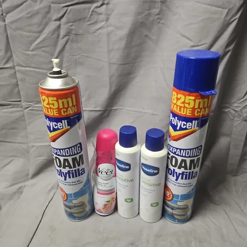 APPROXIMATELY 12 ASSORTED AEROSOLS TO INCLUDE EXPANDING FOAM POLYFILLA, VASELINE ALOE SENSITIVE, VEET SILKY FRESH SPRAY ON, ETC - COLLECTION ONLY
