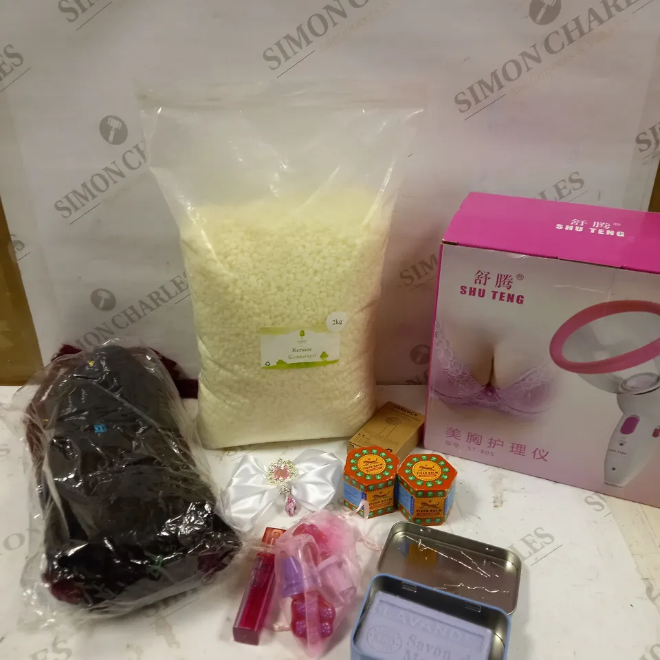 BOX OF APPROXIMATELY 20 ASSORTED HEALTH AND BEAUTY PRODUCTS TO INCLUDE CANDLE WAX, TIGER BALM, WIGS ETC 