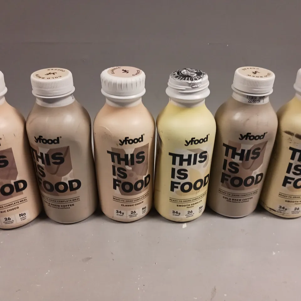 6 X SEALED YFOOD THIS IS FOOD COMPLETE MEAL DRINKS TO INCLUDE VANILLA, COLD BREW COFFEE & CLASSIC CHOCO 