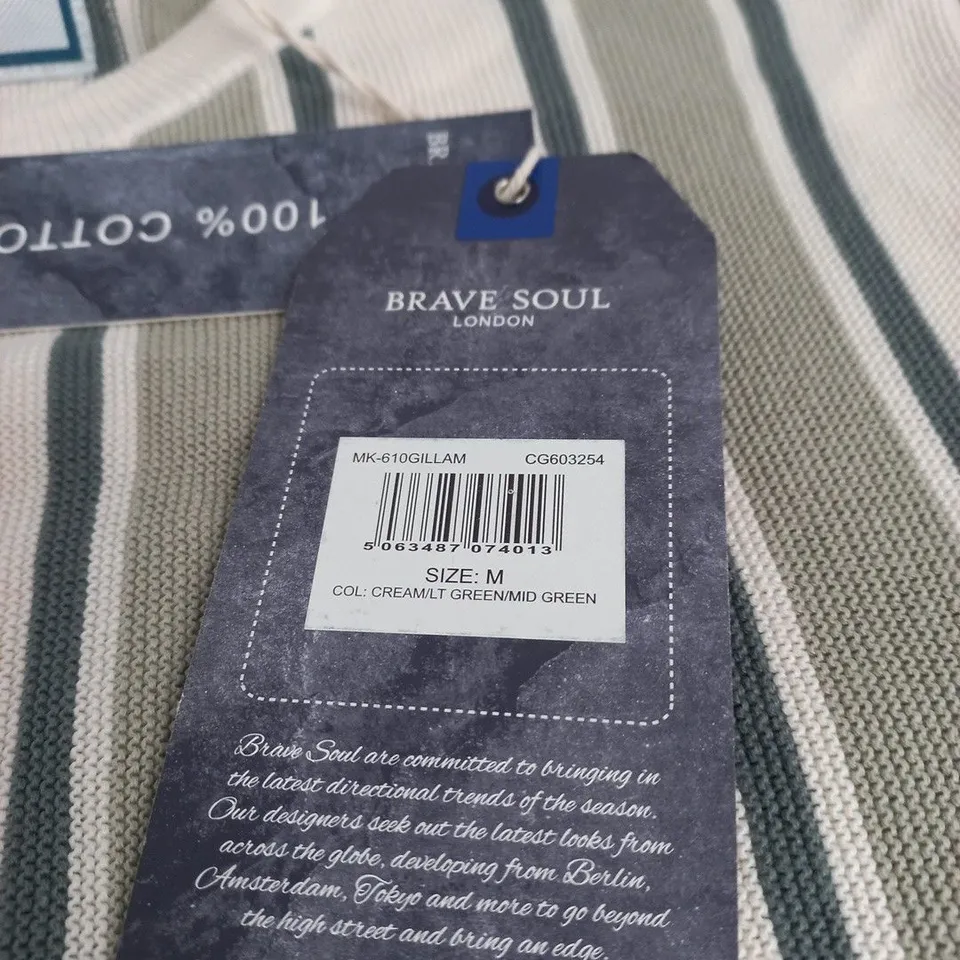 BRAVE SOUL LONDON STRIPED KNIT TOP – SIZE M – CREAM & GREEN