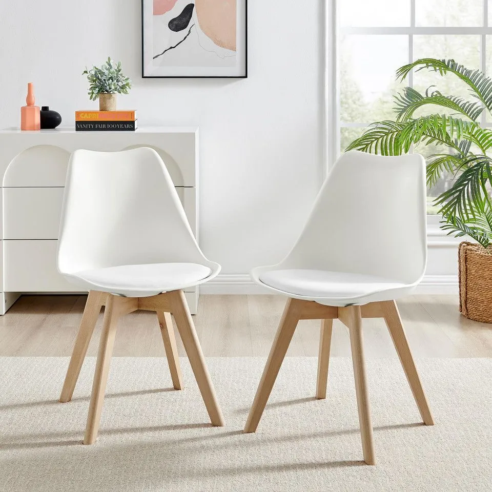 BOXED SET OF 2 STOCKHOLM SCANDI WHITE FAUX LEATHER AND WOOD DINING CHAIRS (1 BOX)
