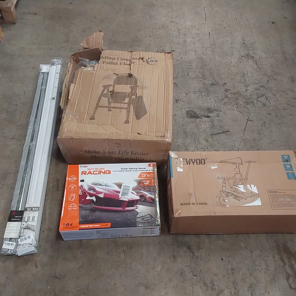 PALLET OF ASSORTED ITEMS INCLUDING: FOLDING TOILET CHAIR, BLINDS, SLOT TRACK RACING GAME, CHILDREN'S TRIKE ECT