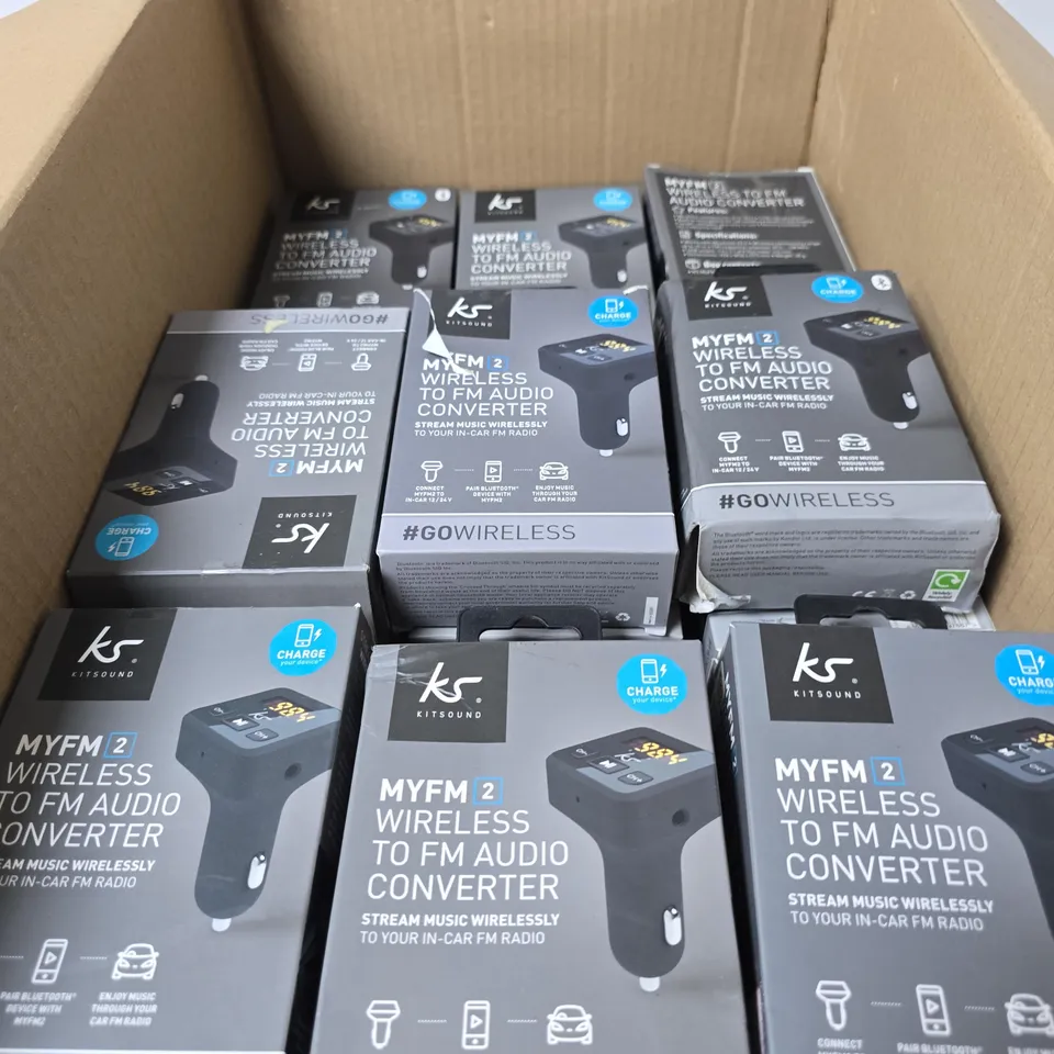 BOX OF APPROXIMATELY 40 X KITSOUND MYFM2 WIRELESS TO FM AUDIO CONVERTER – IN-CAR BLUETOOTH FM TRANSMITTER, BOXED