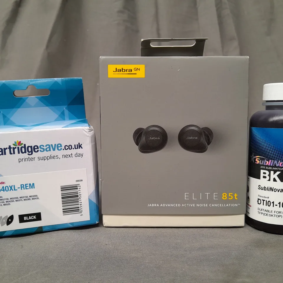 BOX OF APPROXIMATELY 10 ASSORTED ELECTRICAL ITEMS TO INCLUDE JABRA ELITE 85T EARBUDS, SUBLINOVA DYE SUBLIMATION INK, ETC