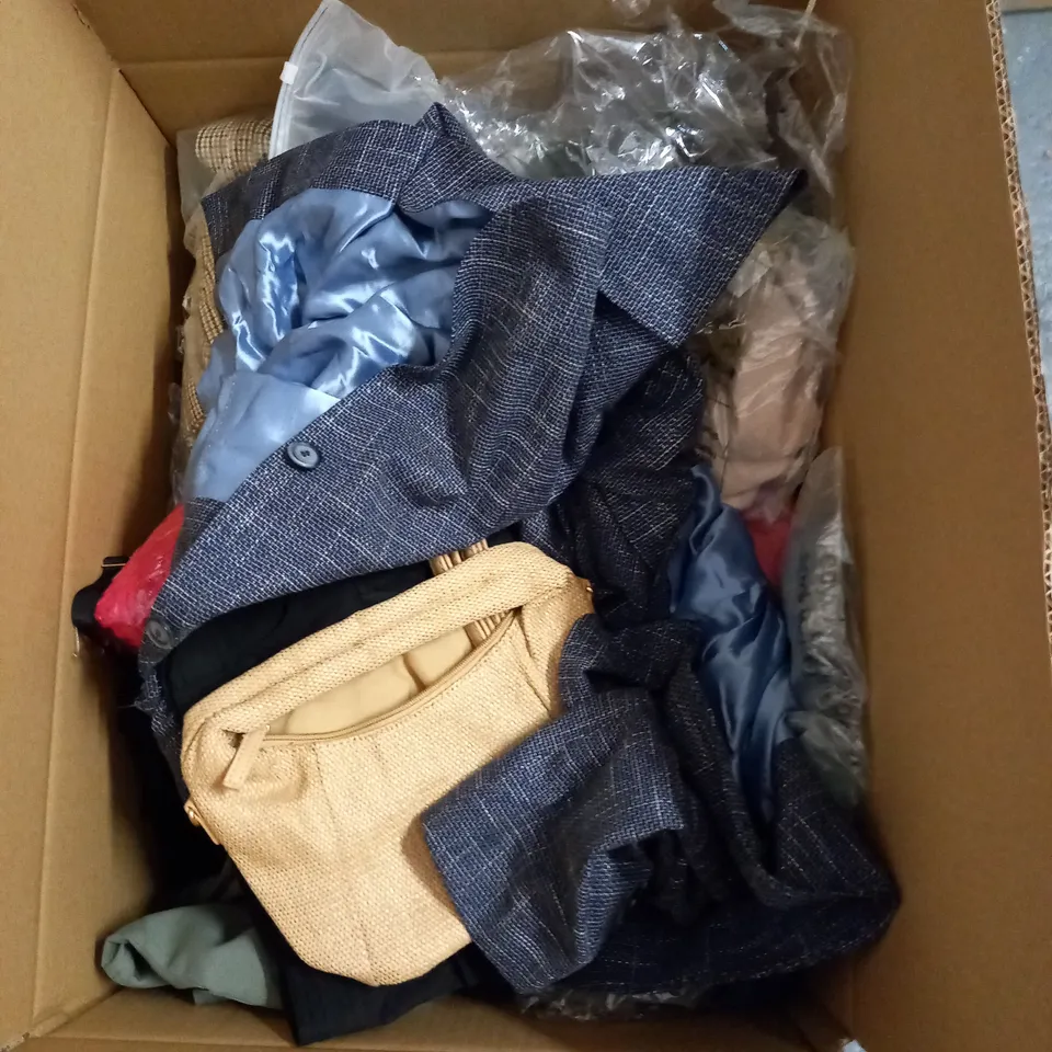  BOX OF ASSORTED CLOTHING ITEMS TOO INCLUDE DRESSES , SHIRTS AND TROUSERS IN VARIOUS SIZES AND COLOURS   