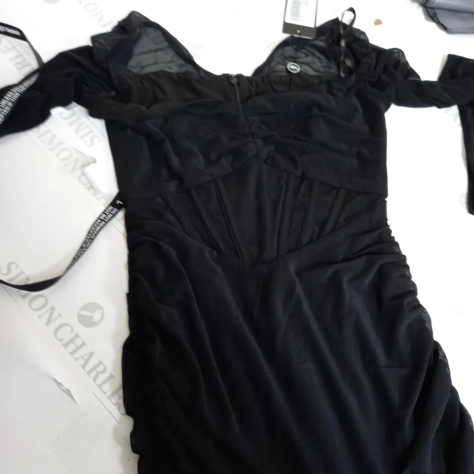 CLUBL LONDON BLACK RUCHED FRONT CORSET MIDI DRESS WITH LONG SLEEVES 