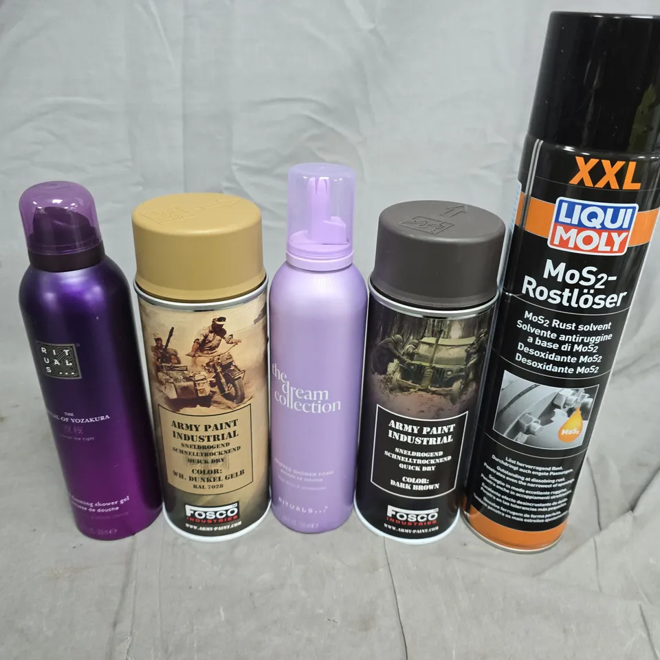 APPROXIMATELY 10 ASSORTED AEROSOLS TO INCLUDE RITUALS, ARMY PAINT AND MOS2